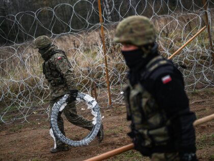 WISZTYNIEC, POLAND - NOVEMBER 05: Soldiers of the Polish army carry barbed wire as they co