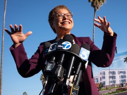 Los Angeles Mayor Karen Bass was on hand for the final modular units going onto Oatsie's Place, a 45-unit supportive housing project in Van Nuys, CA Wednesday, February 8, 2023. (Photo by David Crane/MediaNews Group/Los Angeles Daily News via Getty Images)