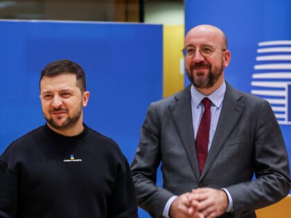 EU Council President Charles Michel (L) and Ukrainian President Volodymyr Zelensky arrives for a summit at EU parliament in Brussels, on February 9, 2023. (Photo by Nicolas Economou/NurPhoto via Getty Images)