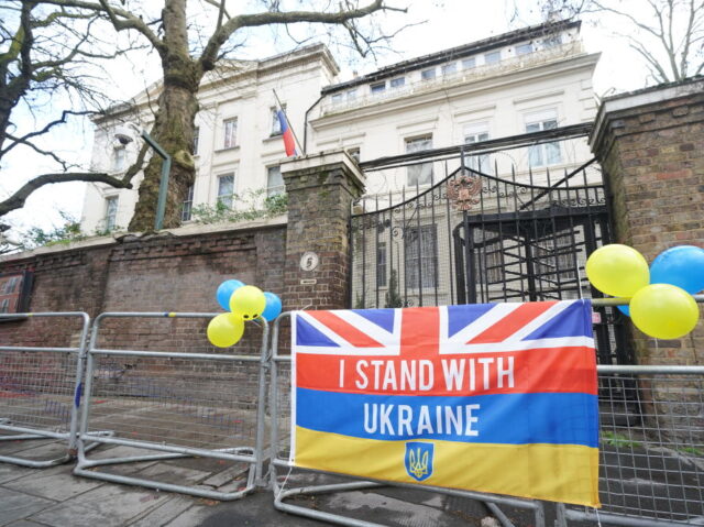 A flag outside the Russian Embassy in London left to mark the first anniversary of Russia&