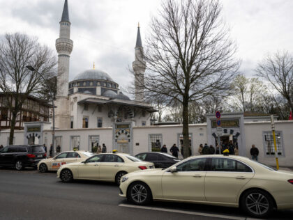 13 April 2023, Berlin: Cabs stand outside the Ditib-Sehitlik mosque shortly before a funeral ceremony for a cab driver killed in Berlin's Grunewald forest. Photo: Christophe Gateau/dpa (Photo by Christophe Gateau/picture alliance via Getty Images)