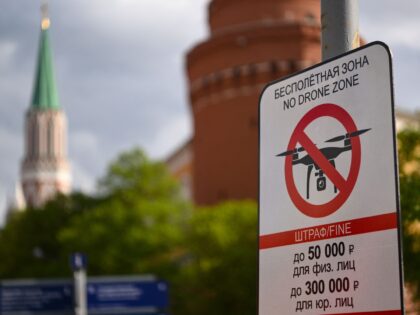 A "No Drone Zone" sign sits just off the Kremlin in central Moscow as it prohibits unmanned aerial vehicles (drones) flying over the area, on May 3, 2023. - Moscow's mayor on May 3, 2023 announced a ban on unauthorised drone flights over the Russian capital, just as the Kremlin …