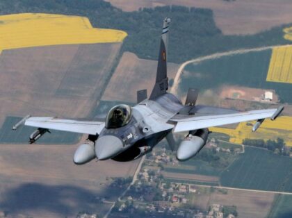 A Romanian Air Force F-16s military fighter jet participates in NATO's Baltic Air Pol