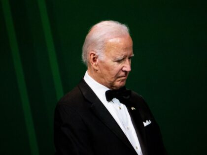 US President Joe Biden looks on during an official State Dinner in honor of India's Prime Minister Narendra Modi, at the White House in Washington, DC, on June 22, 2023. (Photo by Stefani Reynolds / AFP) (Photo by STEFANI REYNOLDS/AFP via Getty Images)