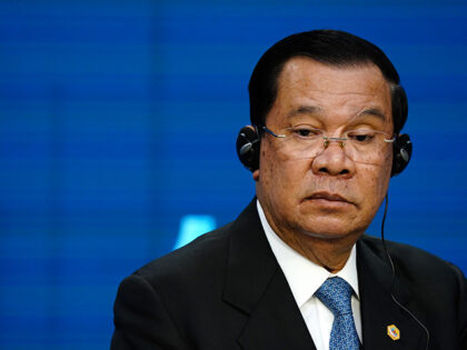 Cambodian Prime minister Hun Sen speaks during a press conference at the European Union an