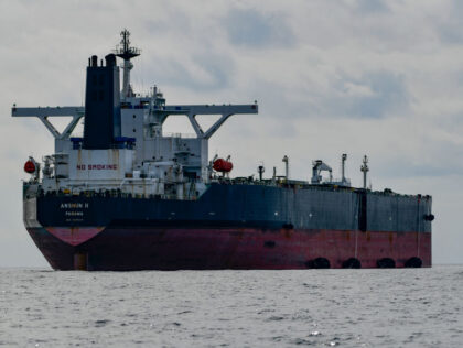 CEUTA, SPAIN - MARCH 27: The vessel ANSHUN II with "Yokohama" fenders prepared and pipelines connected to receive another tanker and transfer Russian crude oil, 20 miles off Ceuta, on March 5, 2023, in Ceuta, Spain. The vessels CRIUS, ANSHUN II and Nobel, tankers chartered by Russian companies, have been …