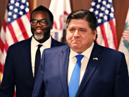 CHICAGO, ILLINOIS - APRIL 07: Chicago Mayor-Elect Brandon Johnson (L) and Illinois Governor J.B. Pritzker prepare to speak to the press after a meeting in the governor's office on April 07, 2023 in Chicago, Illinois. Johnson is scheduled to be sworn in as Chicago's 57th mayor on May 15. (Photo …