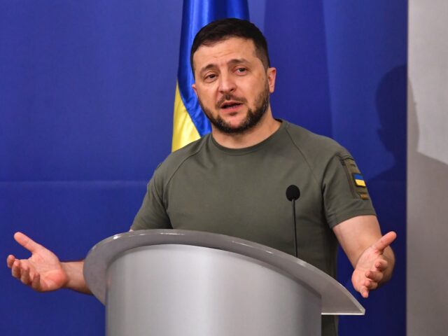 Ukrainian President Volodymyr Zelensky during a joint press conference with Bulgaria's Pri