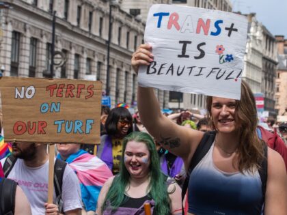 Thousands of people take part in a London Trans+ Pride march on 8 July 2023 in London, United Kingdom. London Trans+ Pride is a grassroots protest event which is not affiliated with Pride in London and which focuses on creating a space for the London trans, non-binary, intersex and GNC …