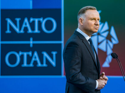 Andrzej Duda, President of Poland, attends the media in the NATO Summit hosted in Vilnius, Lithuania. (Photo by Celestino Arce/NurPhoto via Getty Images)