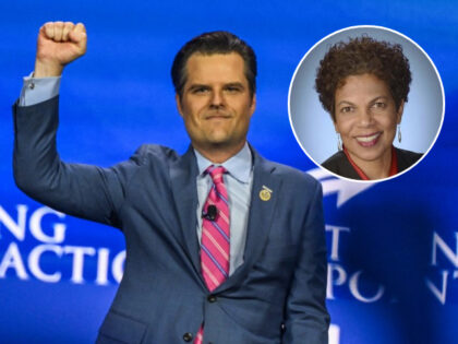 (Inset: Tanya Chutkan) US Representative Matt Gaetz (R-FL) gestures as he arrives to speak at the Turning Point Action USA conference in West Palm Beach, Florida, on July 15, 2023. (Photo by GIORGIO VIERA / AFP) (Photo by GIORGIO VIERA/AFP via Getty Images)