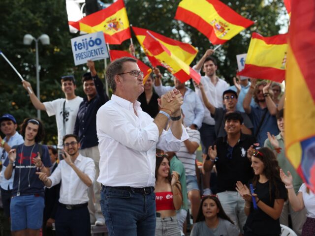 Spanish right-wing opposition party Partido Popular (PP) leader Alberto Nunez Feijoo gestu