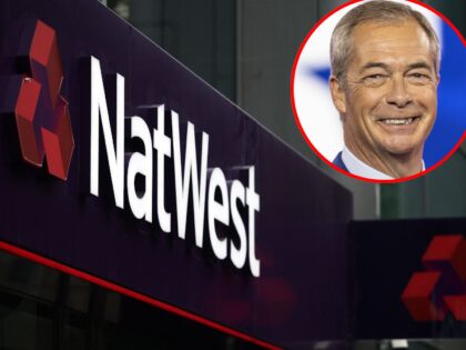 A sign is pictured above the entrance to a branch of a NatWest bank in London on July 28, 2023. British bank NatWest said on Friday it had launched an independent review into its handling of arch-Brexiteer Nigel Farage, whose account at the bank's subsidiary Coutts, it controversially shut, costing …