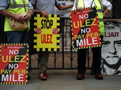 Demonstrators hold placards as they protest against the expansion of the Ultra Low Emission Zone (ULEZ) in London, outside the Royal Courts of Justice, Britain's High Court, in central London on July 28, 2023. Britain's High Court ruled on July 28, 2023 that the London mayor's contentious plans to extend …