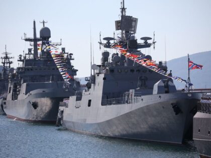 Russia's Black Sea Fleet warships take part in the Navy Day celebrations in the port city of Novorossiysk on July 30, 2023. (Photo by STRINGER / AFP) (Photo by STRINGER/AFP via Getty Images)