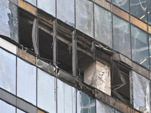 A view of a damaged office block of the Moscow International Business Center (Moskva City)
