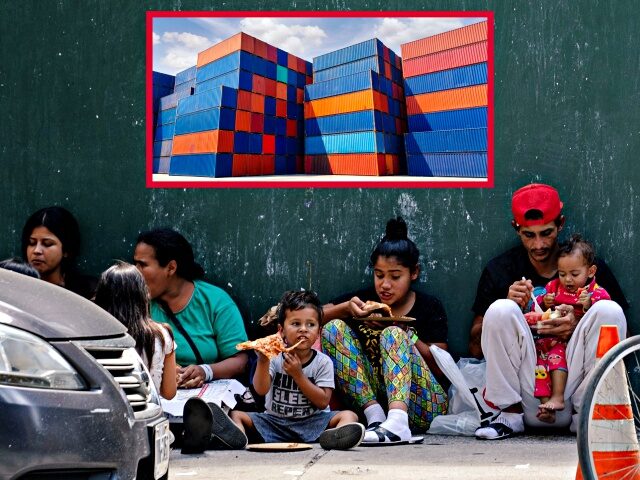 NEW YORK, NEW YORK - AUGUST 02: A migrant family eats outside of the Roosevelt Hotel where