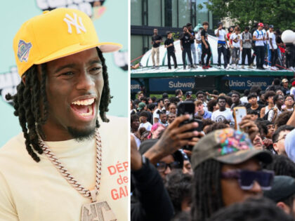 People gather for a "giveaway" event announced by popular Twitch live streamer Kai Cenat in Union Square and the surrounding area on August 4, 2023 in New York City. Cenat, who announced on social media that he would be giving away video game consoles and other items, is reportedly in …