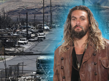 (INSET: Jason Momoa) Fire damage is seen on Saturday August 12, 2023 in Lahaina, HI. The d