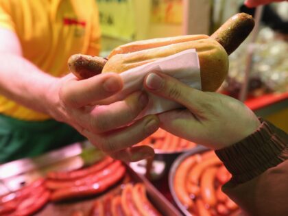 BERLIN, GERMANY - JANUARY 18: A host hands a visitor a bratwurst in bread at a meat compan