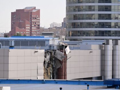 This photo shows damaged on an Expocentre building following a drone attack in Moscow on A