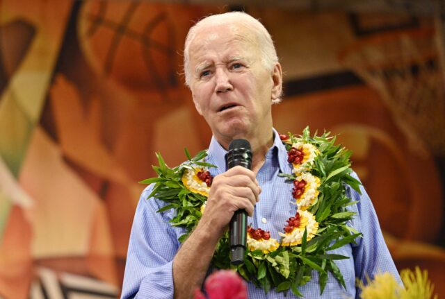 US President Joe Biden speaks during a community engagement event at the Lahaina Civic Center in Lahaina, Hawaii on August 21, 2023. (Photo by Mandel NGAN / AFP) (Photo by MANDEL NGAN/AFP via Getty Images)