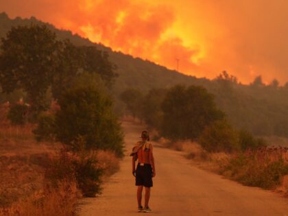A local resident looks on at the wildfire approaching the village of Avantas, northeast of