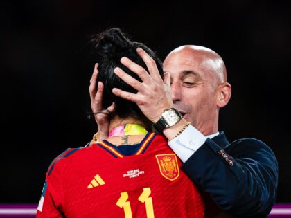 SYDNEY, AUSTRALIA - AUGUST 20: President of the Royal Spanish Football Federation Luis Rubiales (R) kisses Jennifer Hermoso of Spain (L) during the medal ceremony of FIFA Women's World Cup Australia & New Zealand 2023 Final match between Spain and England at Stadium Australia on August 20, 2023 in Sydney, …