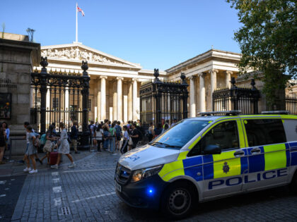 LONDON, ENGLAND - AUGUST 23: A police van is seen outside the gates of the British Museum as officers deal with a public disturbance on August 23, 2023 in London, England. British Museum officials launched an investigation into the theft of its artefacts after discovering that stolen items, comprising of …