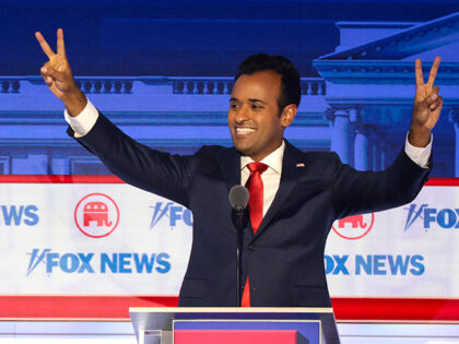 Republican presidential candidates (L-R), Vivek Ramaswamy participates in the first debate of the GOP primary season hosted by FOX News at the Fiserv Forum on August 23, 2023 in Milwaukee, Wisconsin. Eight presidential hopefuls squared off in the first Republican debate as former U.S. President Donald Trump, currently facing indictments …
