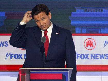Republican presidential candidates, Florida Gov. Ron DeSantis (L) and Vivek Ramaswamy participate in the first debate of the GOP primary season hosted by FOX News at the Fiserv Forum on August 23, 2023 in Milwaukee, Wisconsin. Eight presidential hopefuls squared off in the first Republican debate as former U.S. President …