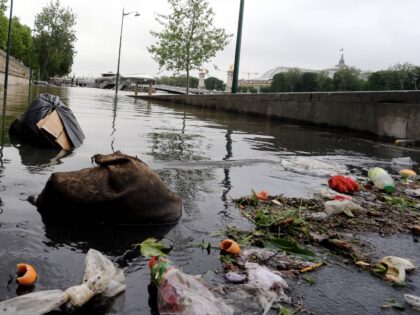 PARIS, FRANCE - JUNE 03: The Seine river over flows near a trash in the dock of Paris as f