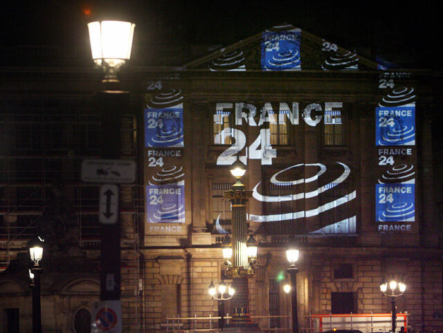 Paris, FRANCE: France 24 logos are seen on a building during the launch of the new French