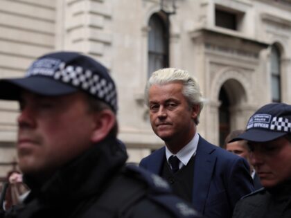 LONDON, ENGLAND - JUNE 09: Dutch Leader of the Opposition Geert Wilders of nationalist Party for Freedom surrounded by police during a 'Free Tommy Robinson' Protest where he spoke to the crowd on Whitehall on June 9, 2018 in London, England. Protesters are calling for the release of English Defense …