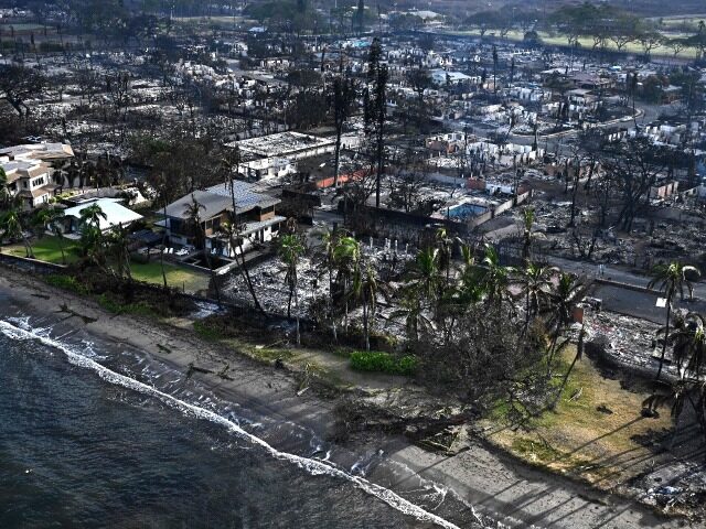 An aerial image taken on August 10, 2023 shows destroyed homes and buildings on the waterfront burned to the ground in Lahaina in the aftermath of wildfires in western Maui, Hawaii. At least 36 people have died after a fast-moving wildfire turned Lahaina to ashes, officials said August 9, 2023 …