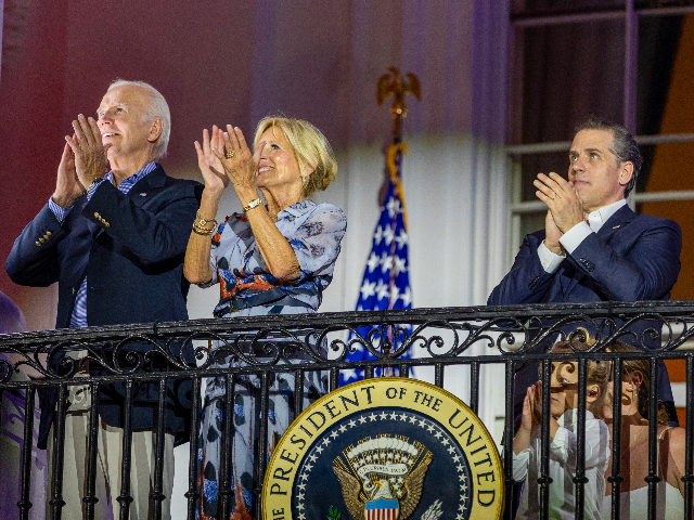 WASHINGTON, DC - JULY 04: (L-R) President Joe Biden, first lady Jill Biden and Hunter Biden watch fireworks on the South Lawn of the White House on July 04, 2023 in Washington, DC. The Bidens hosted a Fourth of July BBQ and concert with military families and other guests on the South Lawn of the White House. (Photo by Tasos Katopodis/Getty Images)