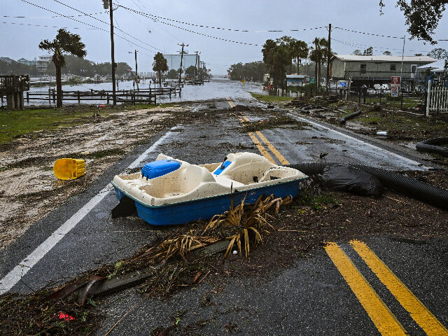 TOPSHOT - A flooded street is seen near the Steinhatchee marina in Steinhatchee, Florida o