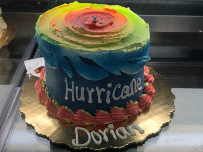 A cake for Hurricane Dorian is shown at a grocery store, Friday, Aug. 30, 2019, in Dania Beach, Fla. All of Florida is under a state of emergency and authorities are urging residents to stockpile a week's worth of food and supplies as Hurricane Dorian gathers strength and aims to …