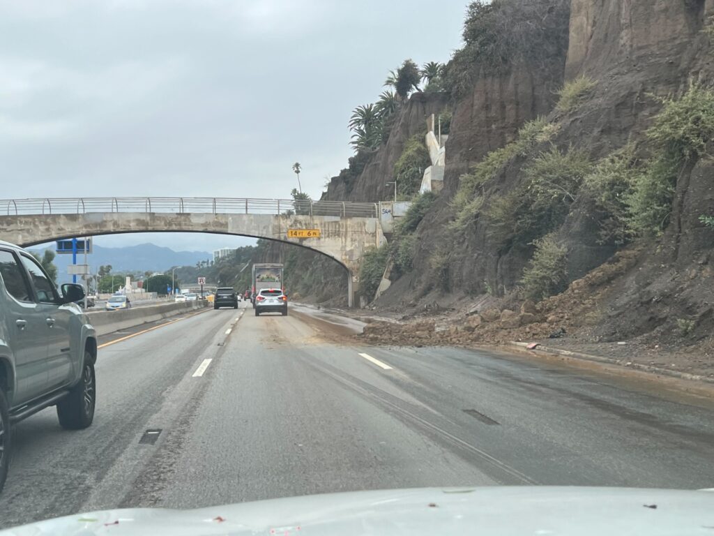 Rockslide seen on the Pacific Coast Highway in Santa Monica, California, on August 21, 2023. (Joel Pollak/Breitbart News)