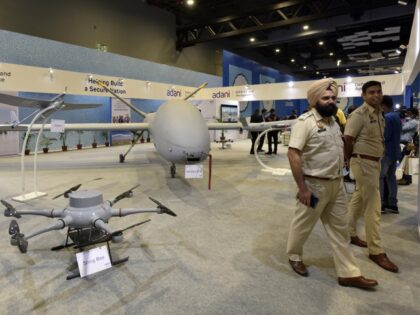 A Hermes 900 and Skylark drone on display at the Bharat Drone Mahotsav , at Pragati Maidan