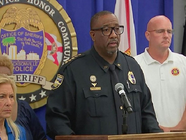 This video grab shows Jacksonville Sheriff TK Waters speaking during a news conference about the gunman in Jacksonville, Florida, August 26, 2023. A white man driven by racial hatred shot dead three Black people in a Florida discount store August 26 before taking his own life after a standoff with police, authorities said. 