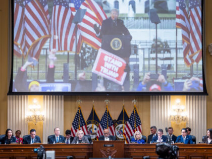 WASHINGTON, DC - DECEMBER 19: An image of former President Donald Trump is displayed as members of the House Select Committee to Investigate the January 6 Attack on the U.S. Capitol hold its last public meeting in the Canon House Office Building on Capitol Hill on December 19, 2022 in …