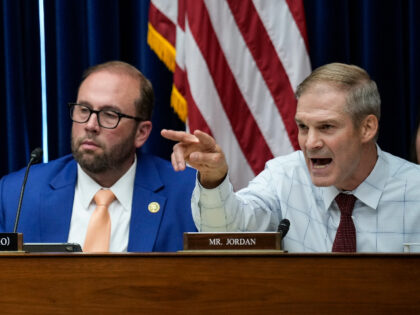 WASHINGTON, DC - JULY 19: (L-R) Committee chairman Rep. James Comer (R-KY) and Rep. Jason Smith (R-MO) look on as Rep. Jim Jordan (R-OH) questions witnesses during a House Oversight Committee hearing related to the Justice Department's investigation of Hunter Biden, on Capitol Hill July 19, 2023 in Washington, DC. …