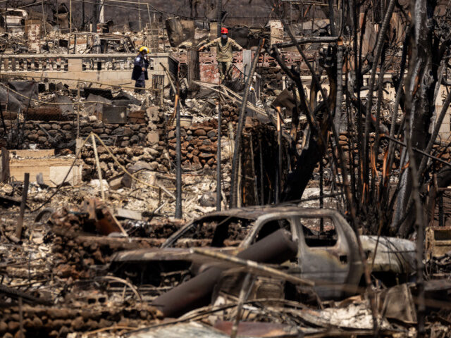 Search and recovery team members check charred buildings and cars in the aftermath of the