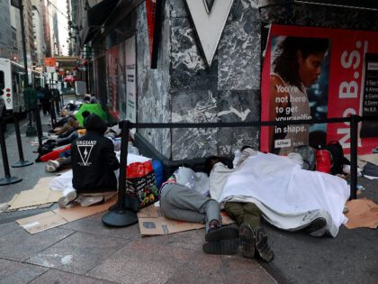 Hundreds of migrants are seen sleeping outside the Roosevelt Hotel in Midtown Manhattan early Monday July 31, 2023. Asylum seekers are camping outside the Roosevelt Hotel as the Manhattan relief center is at capacity.Â (Luiz C. Ribeiro for New York Daily News/Tribune News Service via Getty Images)