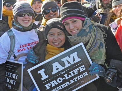 [UNVERIFIED CONTENT] Students from Georgia Tech University join thousands of other pro-life supporters on the National Mall in Washington, D.C., for the annual March for Life rally. (William Bryan/Moment Editorial via Getty)