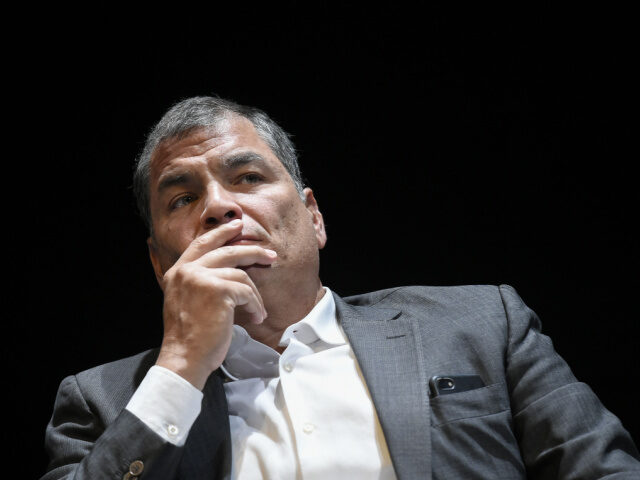 Former Ecuadorian President Rafael Correa attends to a meeting on power and checks and bal