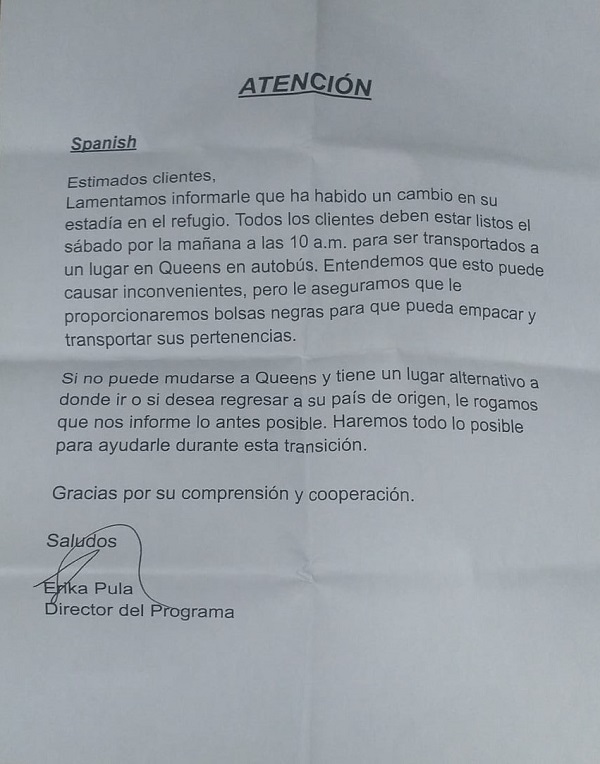 Letter from NYC officials notifying migrants of forced move from hotel to a tent facility in Queens. (Danny -- Venezuelan Migrant)