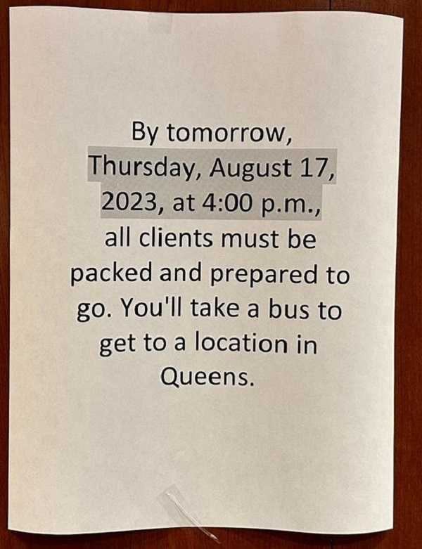 Notices place in Bronx hotel letting migrants know when they were being kicked out. (Danny -- Venezuelan Migrant)