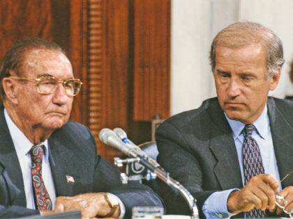 American politicians and US Senators Strom Thurmond (1902 - 2003) and Joseph Biden, respectively the ranking member and Chairman of the Senate Judiciary Committee, during a confirmation hearing (for Judge Clarence Thomas as an Associate Justice of the Supreme Court) in the US Senate Caucus Room, Washington, DC, September 10, …